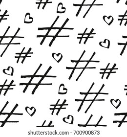 Abstract seamless vector pattern with hand drawn heart and hashtag. Social network concept like and share symbols. Seamless tiling pattern for wallpaper design, pattern fills, web texture background