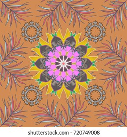 Abstract seamless vector pattern with hand drawn floral elements. Retro textile design collection. Orange, blue and pink on orange, blue and pink. 1950s-1960s motifs. Silk scarf with blooming flowers.