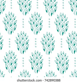 Abstract seamless vector pattern with hand drawn foliage and circles.