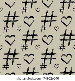 Abstract seamless vector pattern with hand drawn heart and hashtag. Social network concept like and share symbols. Seamless tiling pattern for wallpaper design, pattern fills, web texture background