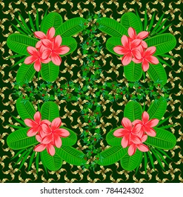Abstract seamless vector pattern with hand drawn floral elements. Silk scarf with plumeria flowers in green, blue and pink colors. Retro textile design collection. 1950s-1960s motifs. Autumn colors.