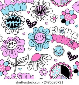 Abstract seamless vector pattern of  heart, rainbow, flowers, stickers. Funny texture background. Bright Color Wallpaper in cute  style for girl kids