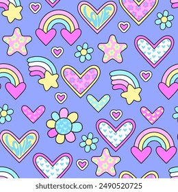 Abstract seamless vector pattern of  heart, rainbow, flowers, stickers. Funny texture background. Bright Color Wallpaper in cute  style for girl kids