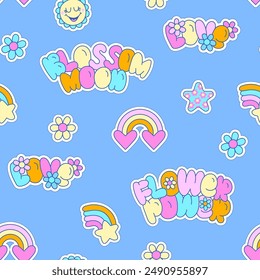 Abstract seamless vector pattern of  heart, rainbow, flowers, stickers. Funny texture background. Bright Color Wallpaper in cute  style for girl kids