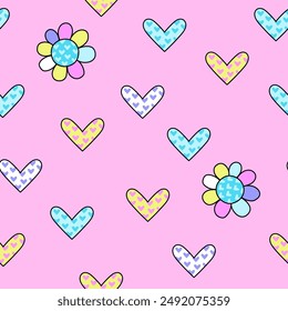 Abstract seamless vector pattern of  heart and flowers. Funny texture background. Bright Color Wallpaper in cute  style for girl kids