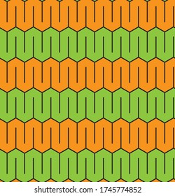 Abstract seamless vector pattern. Hexagonal tessellation. Green and orange stripes of serpentine shapes with black outline. Modern and simple geometric ornament, perfect background or textile print.
