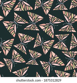 Abstract seamless vector pattern illustration design of lined butterflies in pastel colors on dark. The design is perfect for textiles, decorations, backgrounds, wrapping paper, wallpaper