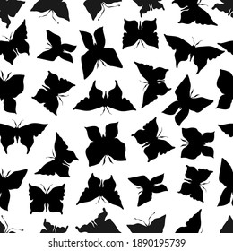 Abstract seamless vector pattern illustration design of black silhouettes of butterflies on white. The design is perfect for textiles, decorations, backgrounds, wrapping paper, wallpaper