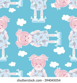 Abstract seamless vector pattern. Kawaii baby girl with cute ponytails, beautiful kids dress, shoes on sky with clouds. Ornament for design, paper, background, textile. Flat style. Unusual colors