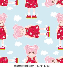 Abstract seamless vector pattern. Kawaii baby girl with cute ponytails, beautiful kids dress, shoes on sky with clouds. Ornament for design, paper, background, textile. Flat style. Unusual colors