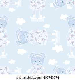 Abstract seamless vector pattern. Kawaii baby girl with cute ponytails, beautiful kids dress, shoes on sky with clouds. Ornament for design, paper, background, textile. Flat style. Blue color