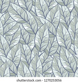Abstract seamless vector pattern of leaves. Winter theme. Gray, blue, light green and white colors