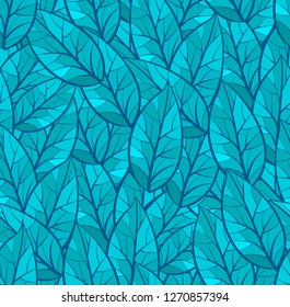 Abstract seamless vector pattern of leaves.  Winter theme. Dark and light Turquoise, blue, green colors. Isolated