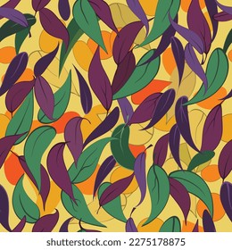 Abstract seamless vector pattern of leaves. Background texture. Yellow, dark red, green, orange