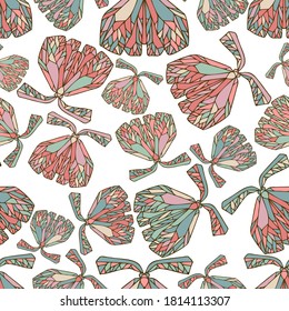 Abstract seamless vector pattern lined design of pastel pink geometric ornamental butterflies on white. The design is perfect for textiles, decorations, wrapping paper, wallpaper, backgrounds