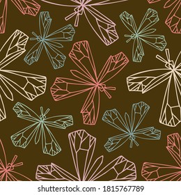 Abstract seamless vector pattern lined design of pastel pink geometric ornamental butterflies on dark brown. The design is perfect for textiles, decorations, wrapping paper, wallpaper, backgrounds