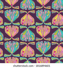 Abstract seamless vector pattern lined design of colorful geometric ornamental butterflies on dark purple. The design is perfect for textiles, decorations, wrapping paper, wallpaper, backgrounds