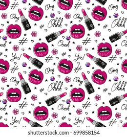 Abstract seamless vector pattern with lips, lipstick, hashtag, calligraphic text Oh, Yes, Omg. Seamless tiling beauty pattern for wallpaper, pattern fills, web textures background, wrapping paper