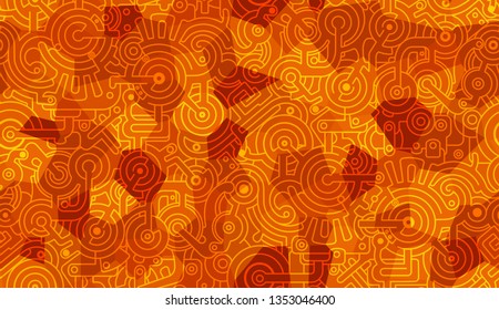 Abstract seamless vector pattern. Mechanical. Cogs, bolts and gears. Isolated background of polygons. Light and dark orange,  yellow colors
