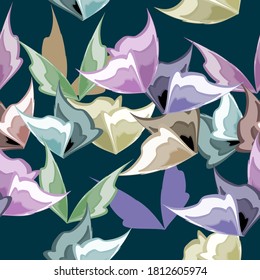 Abstract seamless vector pattern Moths, multicolored wings of butterflies on a dark background for design of fabric, paper, gift wrapping