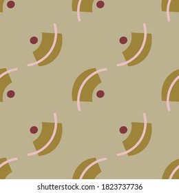Abstract seamless vector pattern on a gray background with yellow circles and pink arcs.