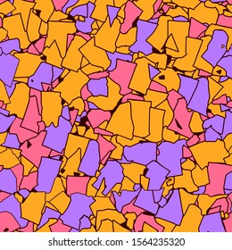 Abstract seamless vector pattern. Patches, stones, pavement. Monochromatic. Purple, pink and yellow color shapes, isolated from dark background