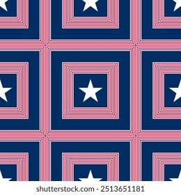 Abstract seamless vector pattern with red stripes and white five pointed stars. Independence day geometric background suitable for prints, decoration, wrapping paper and fabrics.