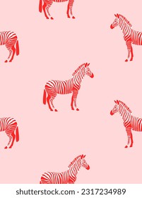 Abstract Seamless Vector Pattern with a Red-white Zebra Isolated on a Light Coral Pink Background. Wild African Animal Print ideal for Fabric,Wrapping Paper. Pink Safari. Simple Hand Drawn Zebra. RGB.