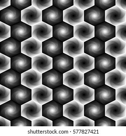 Abstract seamless vector pattern with rotating hexagonal shapes forming the whirling sequences in grey hues