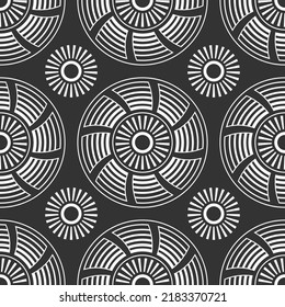 Abstract seamless vector pattern with round geometric shapes, round symbols. Tribal pattern. Geometric shapes pattern. White shapes, isolated on black background.