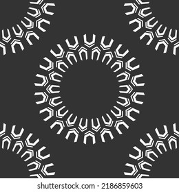 Abstract seamless vector pattern with round geometric shapes, round borders, frames. Decorative ornament. Geometric shapes pattern. White shapes, isolated on black background.