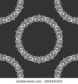 Abstract seamless vector pattern with round geometric shapes, modern frames. Modern pattern. Isolated shapes pattern. White shapes, isolated on black background.