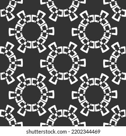 Abstract seamless vector pattern with round geometric shapes, round borders, frames. Decorative ornament. Geometric shapes pattern. White geometric shapes, isolated on black background.