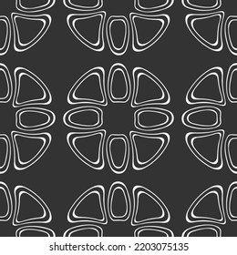 Abstract seamless vector pattern with round geometric shapes, symbols. Frames of triangles with rounded corners. Tribal pattern. Geometric shapes pattern. White shapes, isolated on black background.