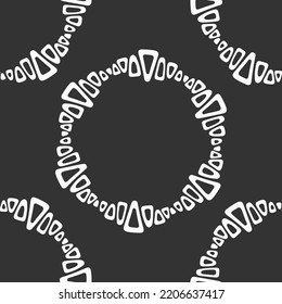 Abstract seamless vector pattern with round geometric shapes, symbols. Frames of triangles with rounded corners. Tribal pattern. Geometric shapes pattern. White shapes, isolated on black background.
