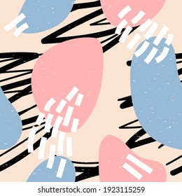 Abstract seamless vector pattern with scribble shapes in doodle style in pastel trendy colors as a template for textile or web headers and banners or flyers.