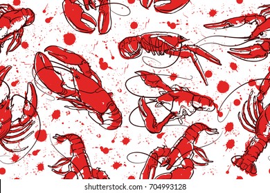 Abstract seamless vector pattern with set of crayfish ink illustrations. Seamless tiling pattern can be used for wallpaper, pattern fills, web page background, food textures, crayfish wrapping paper