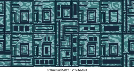 Abstract seamless vector pattern. Simple geometric shapes and lines. Black and bluish green