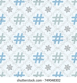 Abstract seamless vector pattern with snowflakes and hashtag. Social network concept like and share symbols. Seamless tiling pattern for wallpaper design, pattern fills, web texture background