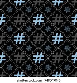 Abstract seamless vector pattern with snowflakes and hashtag. Social network concept like and share symbols. Seamless tiling pattern for wallpaper design, pattern fills, web texture background