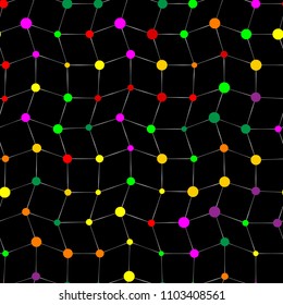 Abstract Seamless Vector Pattern texture. Dot and lines.  Pink, violet, yellow, green, purple colors. Isolated on the black background