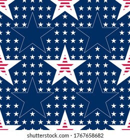 Abstract seamless vector pattern with white big and small five pointed stars and stars with red stripes. Independence day background. Old glory red and blue colours. 