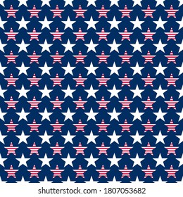 Abstract seamless vector pattern with white five pointed stars and stars with red stripes on blue background. Independence day background. 4th July abstract geometric pattern.