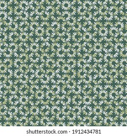 Abstract seamless vector pattern with white and green daisy petals on green background. Minimal concept great for summer vintage fabric, scrapbooking, wallpaper, gift-wrap. Surface pattern design.