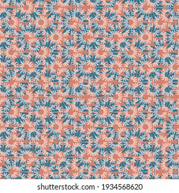 Abstract seamless vector pattern with white and blue daisy petals on orange background. Minimal concept great for summer vintage fabric, scrapbooking, wallpaper, gift-wrap. Surface pattern design.