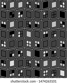 Abstract seamless vector pattern. Windows, curtains, houses. Black and white. Monochrome