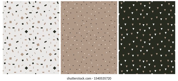 Abstract Seamless Vector Patterns. Black and White Dots and Geometric Elements Isolated on a Gray and Brown Background. Light Brown and White Triangles on a Dark Green Layout. Simple Dotted Print.