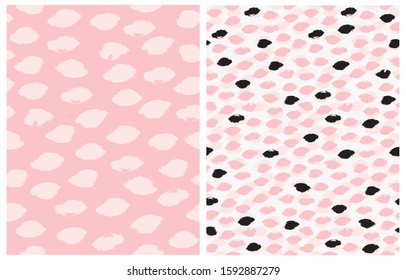 Abstract Seamless Vector Patterns with Hand Drawn Irregular Spots on a Pink and Off-White Background. Light Pink and Black Freehand Elements. Rough Geometric Vector Print for Fabric, Textile, Cover.