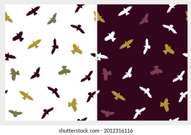 Abstract Seamless Vector Patterns  with Hand Drwn Flying Birds Isolated on a White and Dark Brown Background. Abstract Crows Print. Simple Irregular Repeatable Design with Birds.