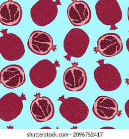Abstract seamless vector patterns of pomegranate fruits

red, burgundy irregular brush on blue and white background. Abstract print of fruits. Simple geometric design. 